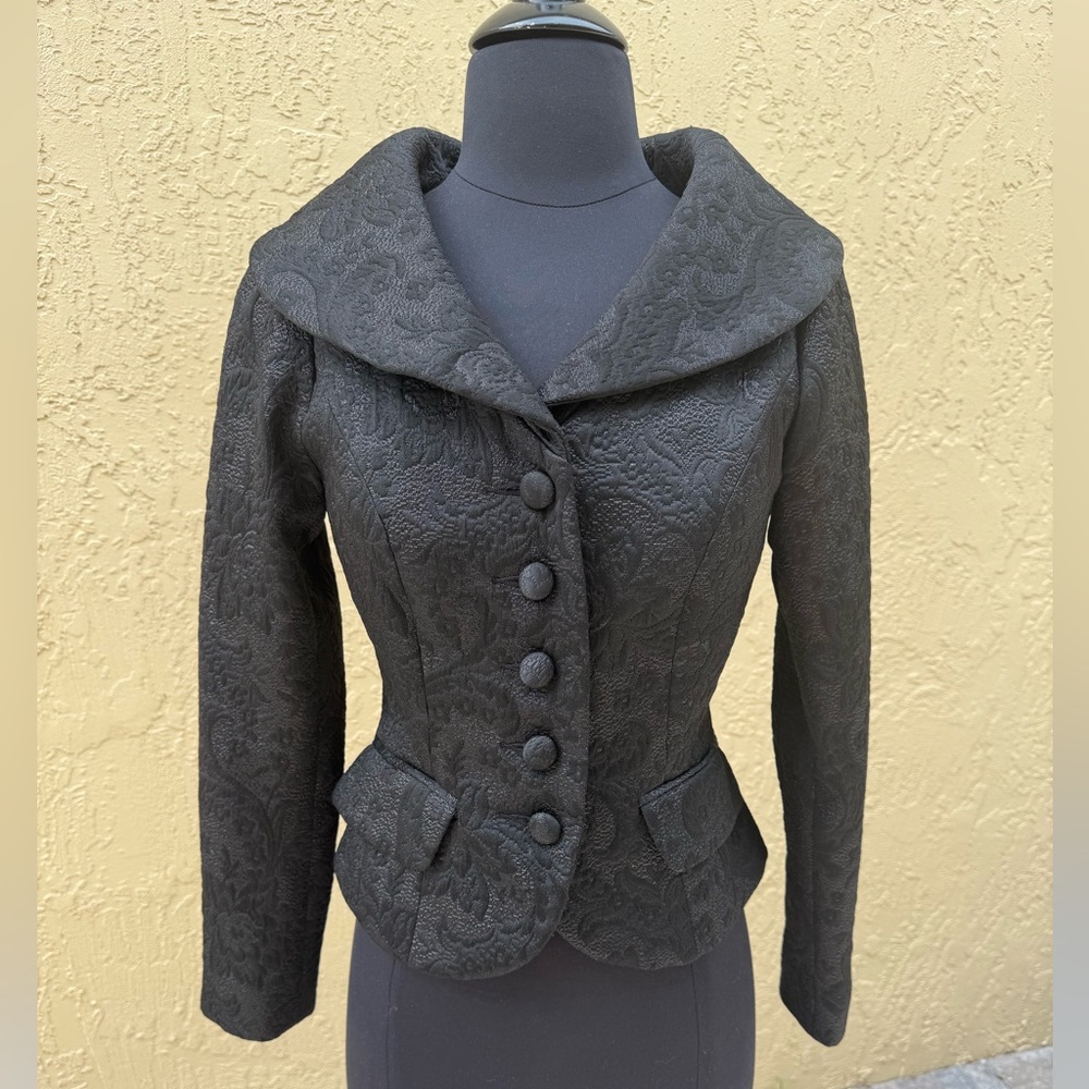 $495 Vintage BADGLEY MISCHKA Black Metallic Damask Formal Evening Jacket Sz 2